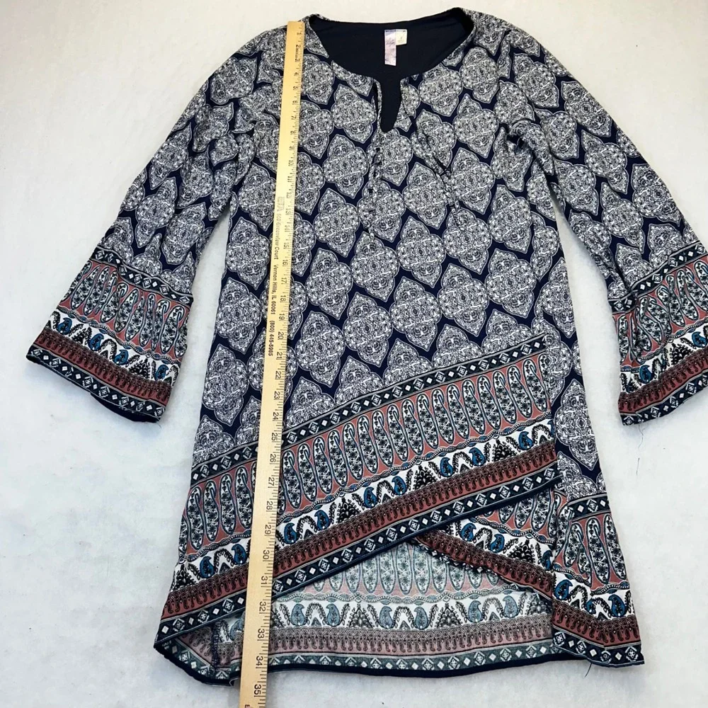 Aliya Tunic Dress Women Small Navy Blue Boho Paisley Bell Sleeve‎ Tulip Hem USA